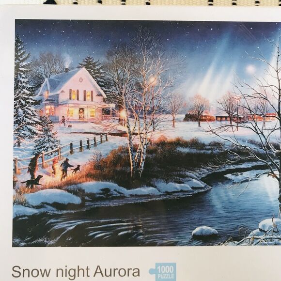 Snow Night Aurora 1000 Piece Jigsaw Puzzle She Shed, Snow Scene, Deer, Pond - Picture 2 of 4